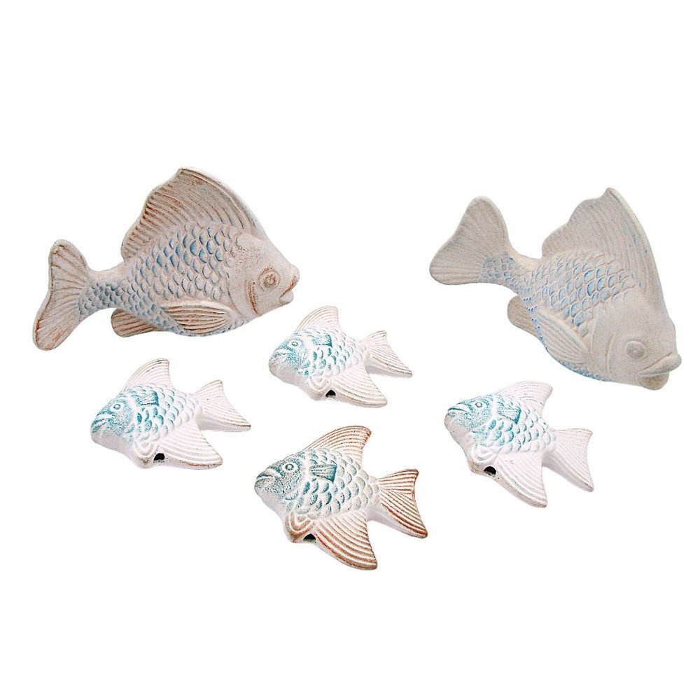 Vintage Set 6 Fish Sculptures Cast Plaster Ceramic Pottery Hand Painted Nautical